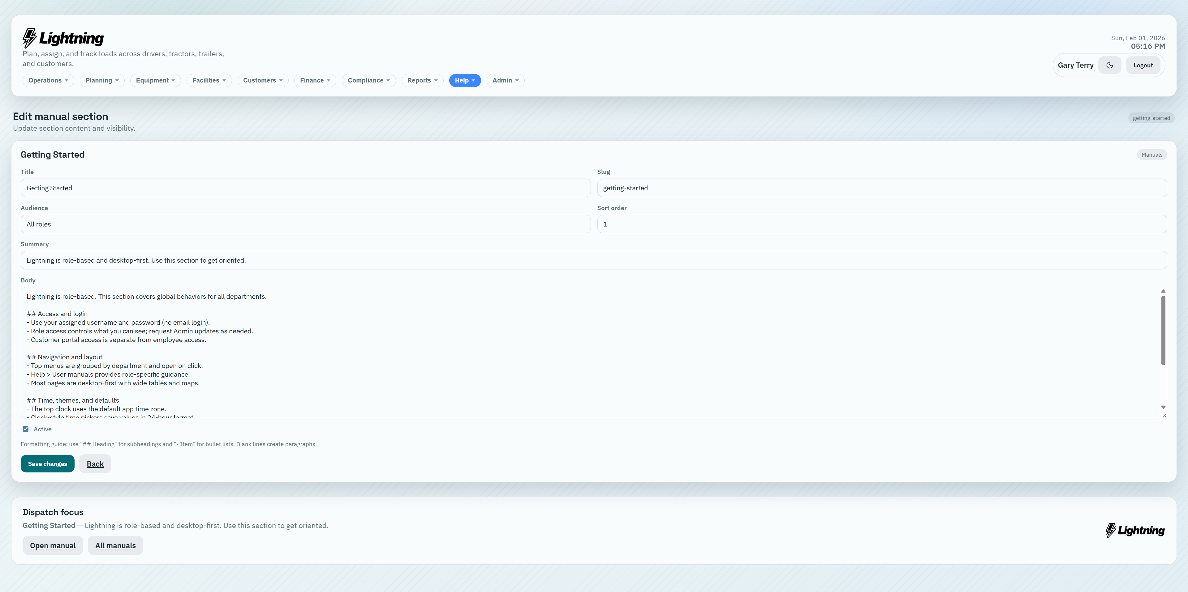 Edit Manual Section module