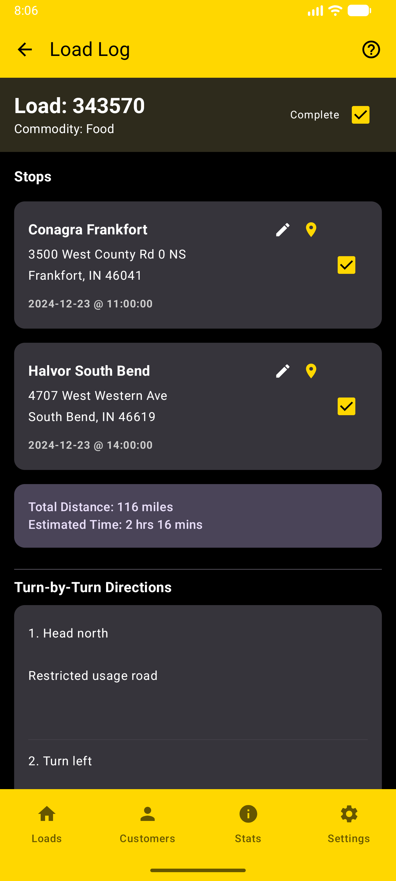 Load Log Stop Details