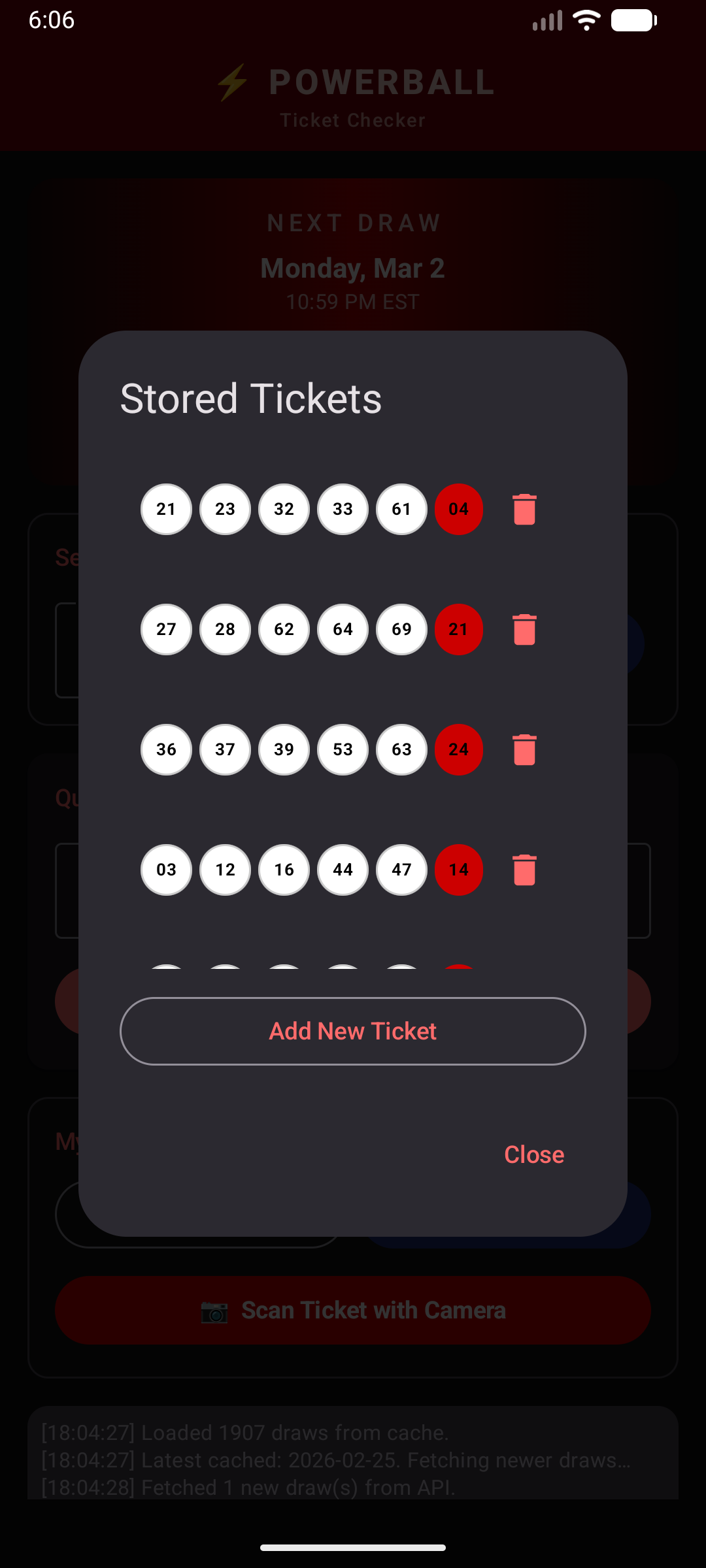 Powerball Checker Pro Manage Stored Tickets
